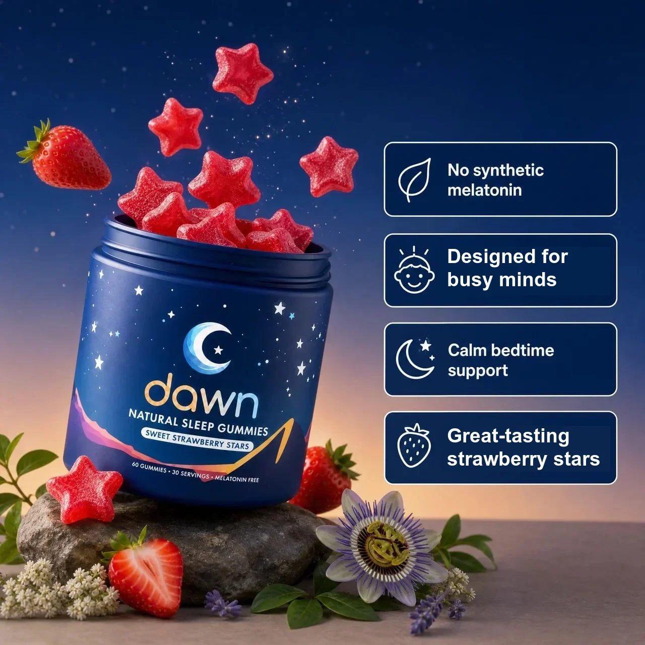 Dawn Sleep Gummies jar with strawberry star gummies and general melatonin-free bedtime support benefit callouts