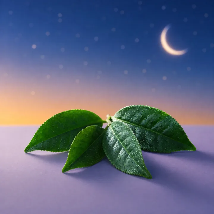 L-Theanine ingredient visual with green tea leaves in a calming moonlit scene