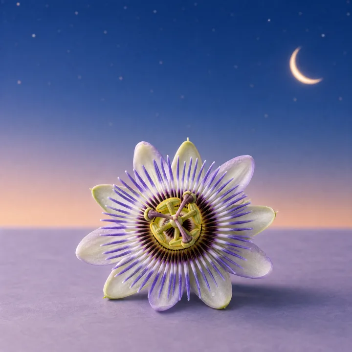 Passionflower Extract ingredient visual with a purple passionflower blossom in a calming moonlit scene