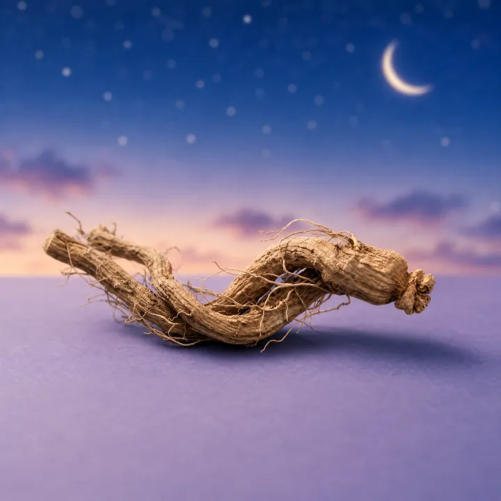 Valerian Root Extract ingredient visual with dried valerian roots in a calming moonlit scene